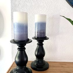 2 New Pillar Candles with 2  Black Wood Candelabras 