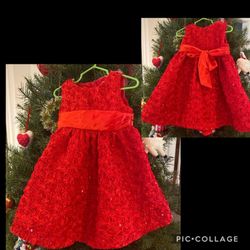 2T Girls, Christmas Dress, Rare Editions Red rosettes sequins satin sash like new for Christmas photos