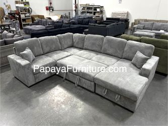 New Large U Shape Pull out Sleeper Sofa Bed Sectional Couch with Storage Chaise Set IKEA Designer Style Big Living Room Space Light Gray Entertainment