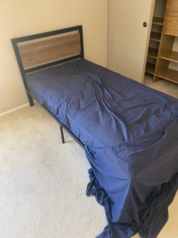 Twin Metal Bed Frame with Wood Headboard