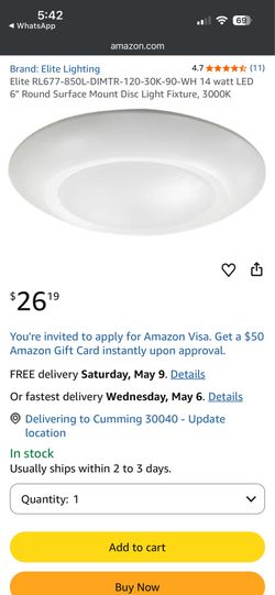 Elite RL677 14 watt LED 6" Round Surface Mount Disc Light Fixture, 3000K