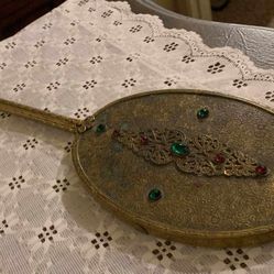 VINTAGE ORNATE VICTORIAN BRASS RUBY EMERALD SILVER FLORAL ANTIQUE ACCENT TABLE DECOR VANITY MIRROR