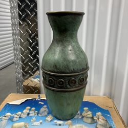 Vintage MCM Hakishut Israel Veridgris Enamel Metal Vase 12" Judaica