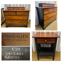 Ethan Allen 2 tone dresser w/ removable jewelry dresser top $160. Nightstand with drawer $60. Both $200. Has some dings. See all pics. 