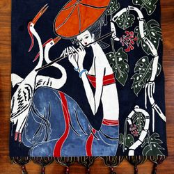 Vintage Asian Batik Wall Hanging Textile Cranes Woman Umbrella Fringe