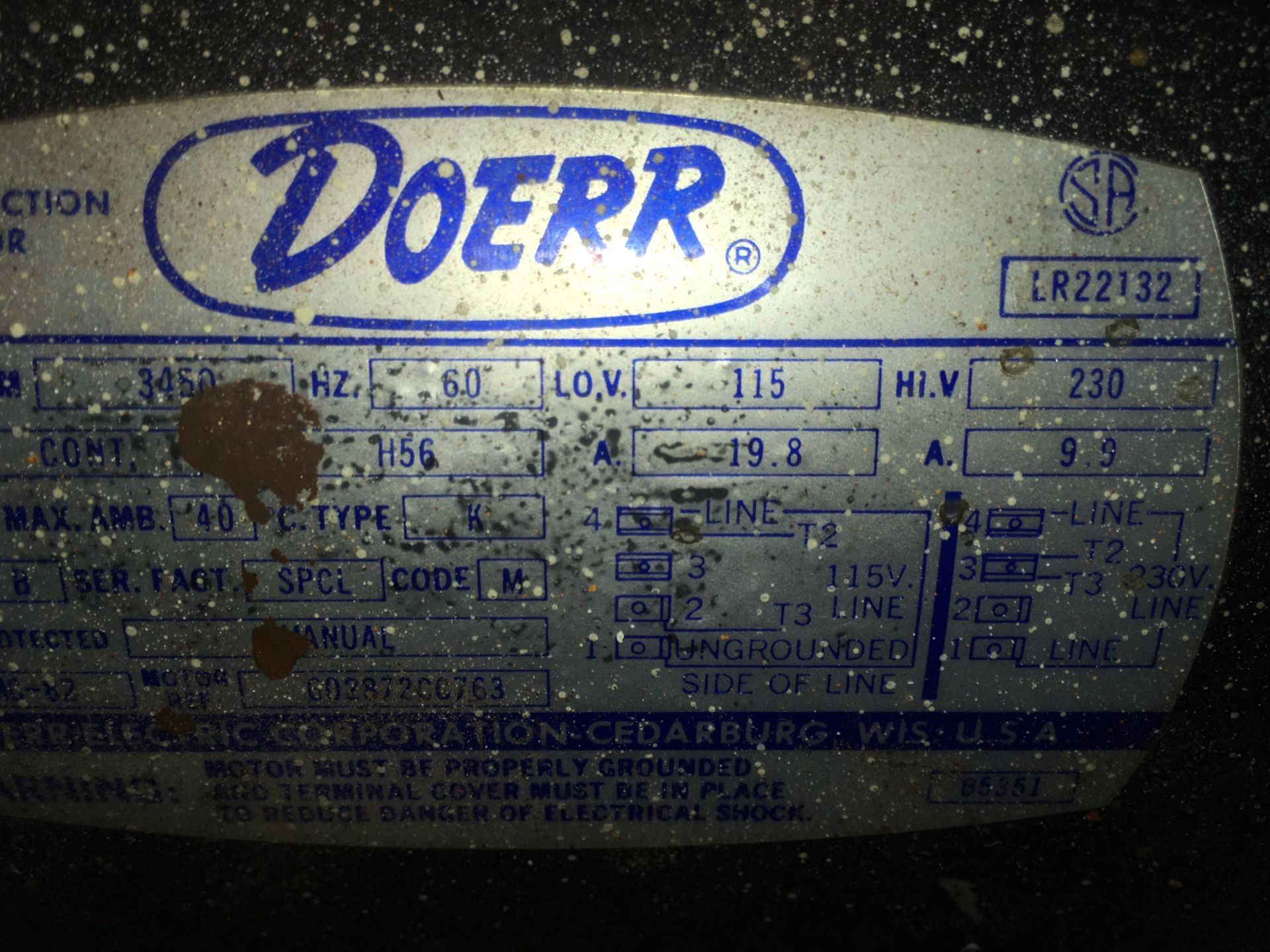 Used Doerr 1 1/2 HP Electric AC Motor CCW rotation. NEW LOW PRICE!