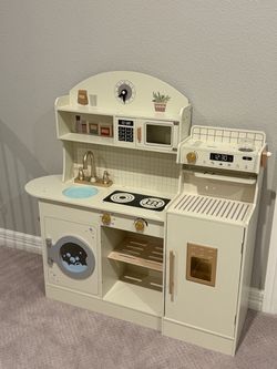 Kids Kitchen Set Wooden Kitchen Playset with Clock, Microwave, Sink, Dish Rack, coffee maker pretend play