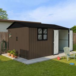 12x10 ft Metal garden sheds outdoor storage sheds brown with window with Goods Shelves