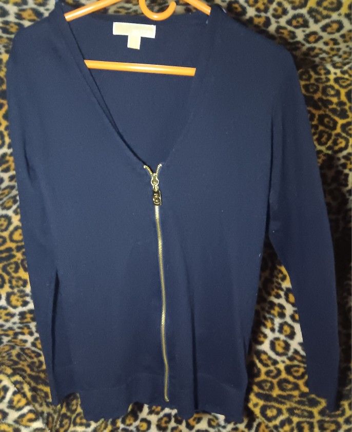 Michael Kors Black Angora Wool Blend VNeckline Zip Up Cardigan Size S