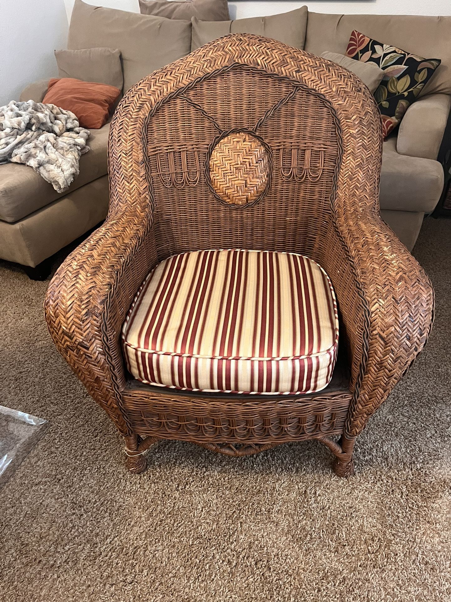 Vintage Palecek Large Wicker Rattan Lounge Chair and Cushion