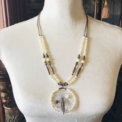 Handcrafted dream catcher cream moonstone liquid silver bead necklace