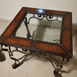 Thomasville leather, glass and iron side table.