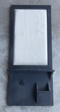 Wall Organizer / wooden wall- Fabric pin Board mounted organizer with a clip and a small bin / Blk