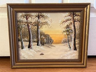 Vintage Framed Japanese Silk Thread Shading Embroidery / Winter Sunset Landscape-Approx. 13.5"x 11.5