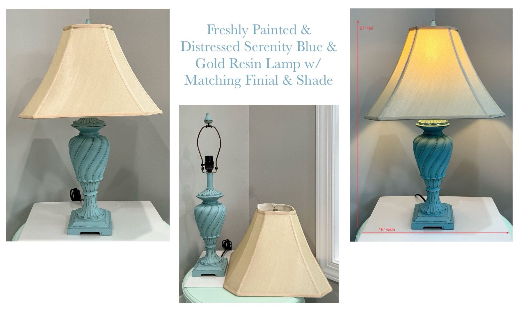 Freshly Painted & Distressed Serenity Blue & Gold Resin Lamp w/ Matching Finial & Shade