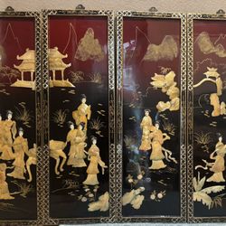 Mid Century Asian Black Lacquer and Mother of Pearl Wall Panels- Set of 4