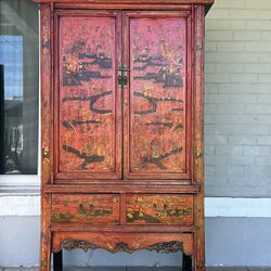 Large Hand Painted Red Lacquer Asian Chinoiserie Cabinet