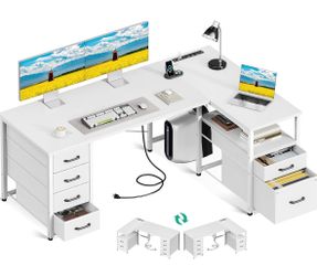 Coleshome 55 Inch L Shaped Office Desk with 6 Drawers, Power Outlet, White - Brand New