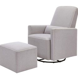 DaVinci Olive Upholstered Swivel Glider with Bonus Ottoman in Polyester Grey with Cream Piping