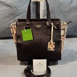 NWT KATE SPADE CAMERON STREET SNAKESKIN EMBOSSED BROWN METALLIC LEATHER TOTE WITH CROSSBODY STRAP, PINK NYLON INTERIOR. 11½" x 9"