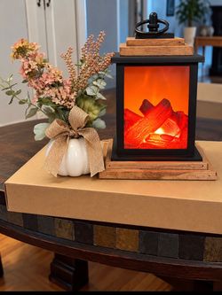 Rustic Fireplace Lantern with wood accents with “Blessed” White or orange Pumpkin Floral Arrangement