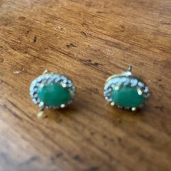 Real Emerald And Diamond Chip Earrings Set In Gold