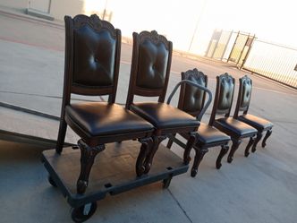 (5) Beautiful Hand Carved Formal Traditional Dining Side Chair with Faux Leather Upholstered Padded Seat and Back Button Tufting Detail Dining Room So