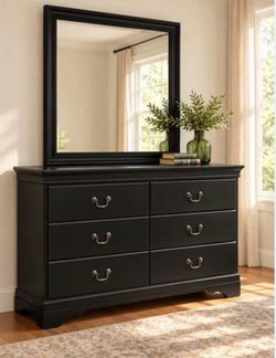 Classic Black 6-Drawer Dresser + Mirror - $175 A timeless black dresser with a matching framed mirro