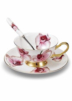 Panbado 3 Piece Bone China Tea Cup and Saucer Set with Spoon, 6.8 Ounce Porcelain Coffee Cup Set, Service for 1, Moth Orchid