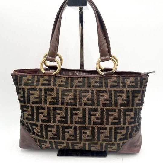 FENDI Hand Bag Tote Purse FF Zucca Canvas Leather Brown