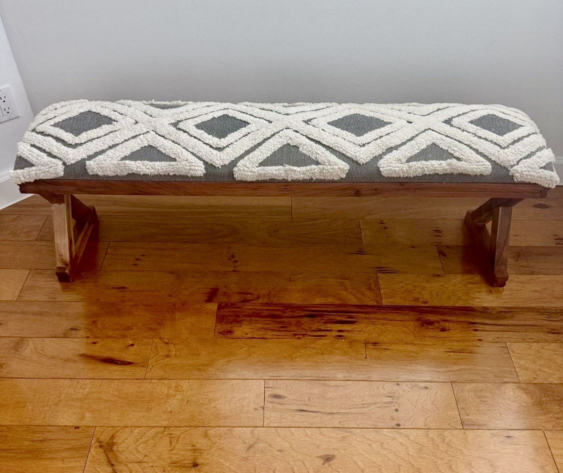 vintage wooden sturdy bench with fabric top farmhouse style In great condition Measures approximately 18” H x 53” W x 12” D Pick up in Hobe Sound