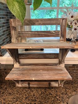 Rustic Distressed Wood Tiered Shelf with Hooks