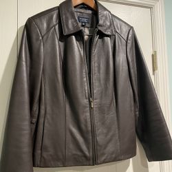 Brown Leather Waist Length Zippered Jacket