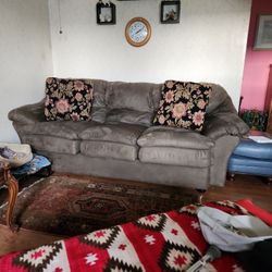 Olive Green 3 Cushion SUADE Couch + PILLOWS 