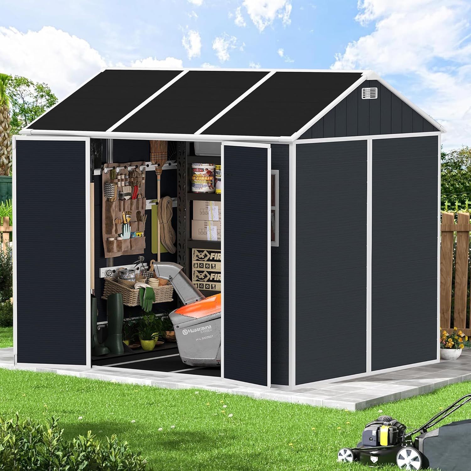 8x7 FT Outdoor Storage Shed,Waterproof Resin Large Storage Space Tool Sheds with Two-Window and Double-Door, Plastic Shed w/Floor,Sloping Roof & Locka