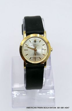 BURBERRY Quartz Yellow Gold Tone Stainless Swiss 28 mm Watch BU1394 Black leather band