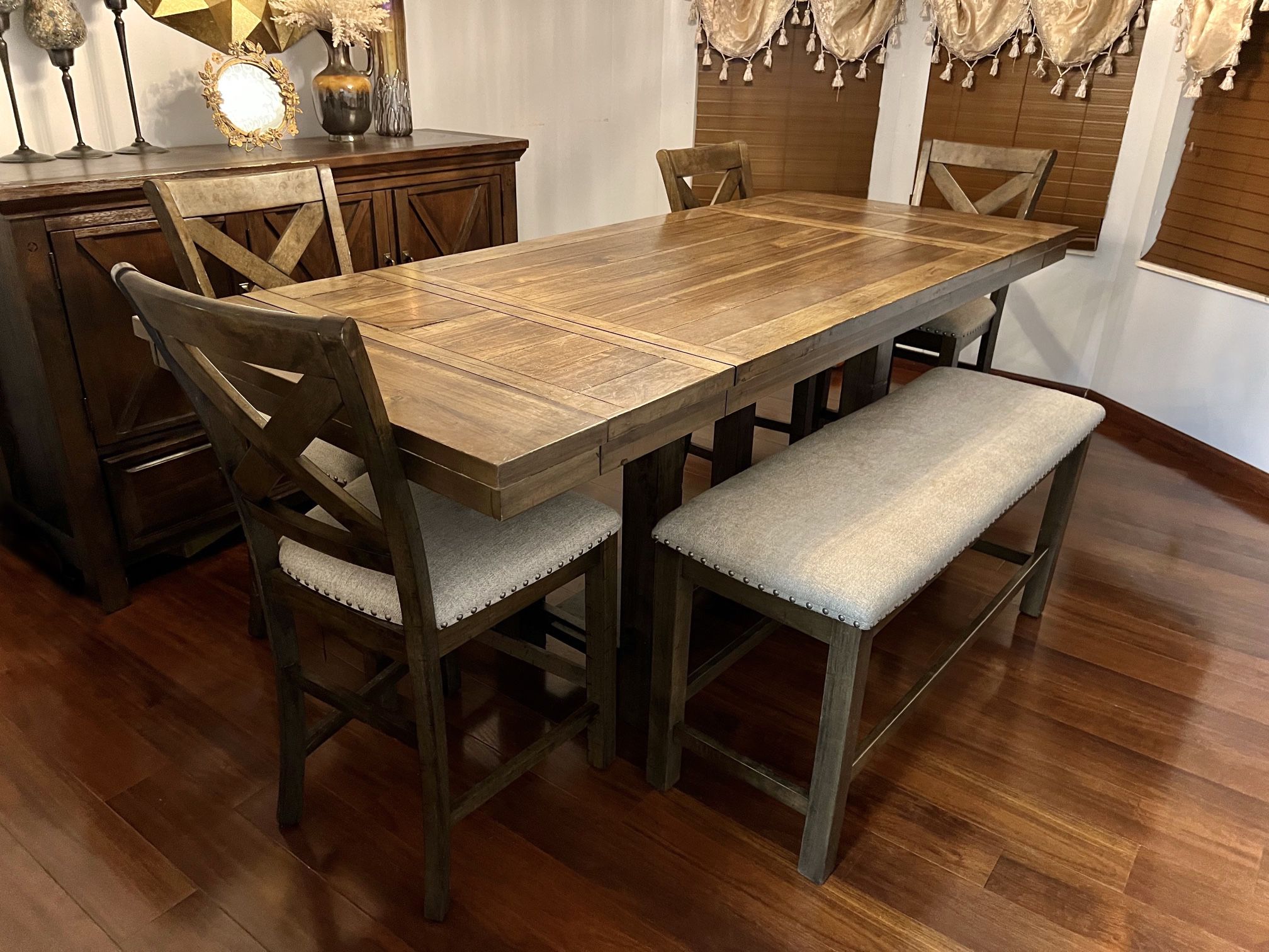 6 Pieces Dining table Set, Wooden Table and 4 Chairs With Bench With Cushion