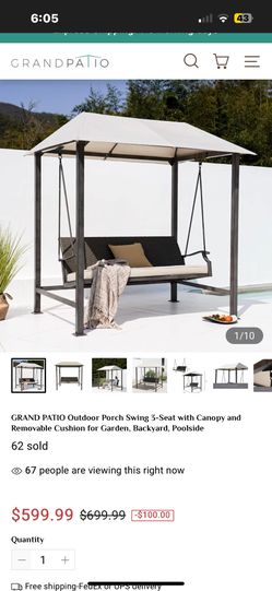 GRAND PATIO Outdoor Porch Swing 3-Seat with Canopy and Removable Cushion for Garden, Backyard, Poolside