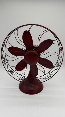 Burgundy Metal Table Fan with Ornate Wire Cage
