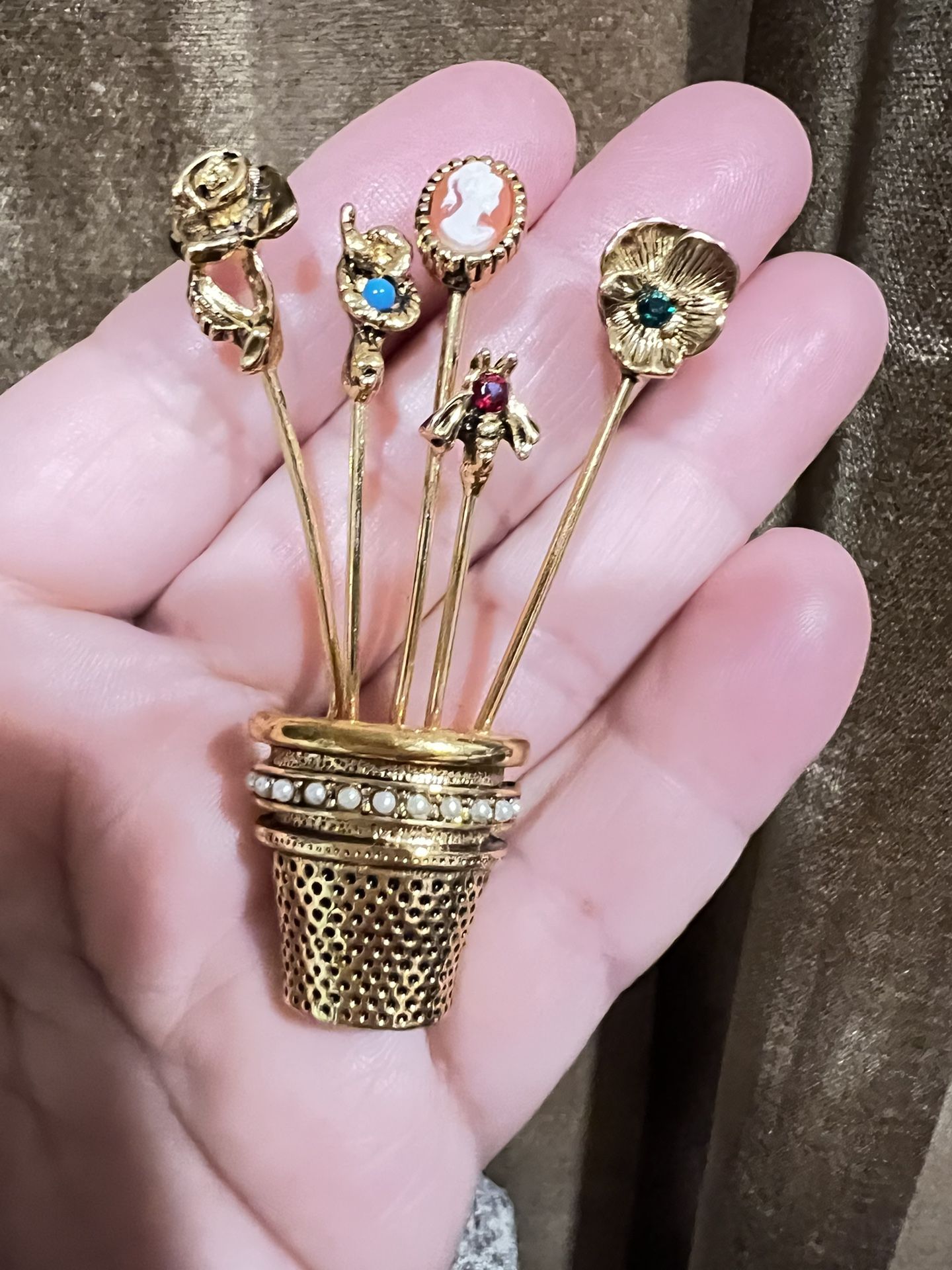 Vintage 1980s Brooch Pin Goldette Thimble With A Rose Snake Cameo Bumble Bee Pansy