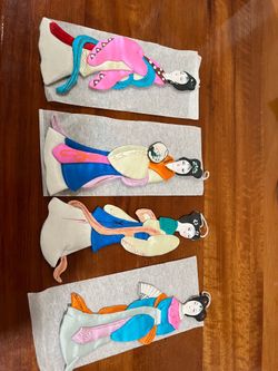 Set of 4 vintage Japanese geisha girls.  Silk and paper decor or ornaments