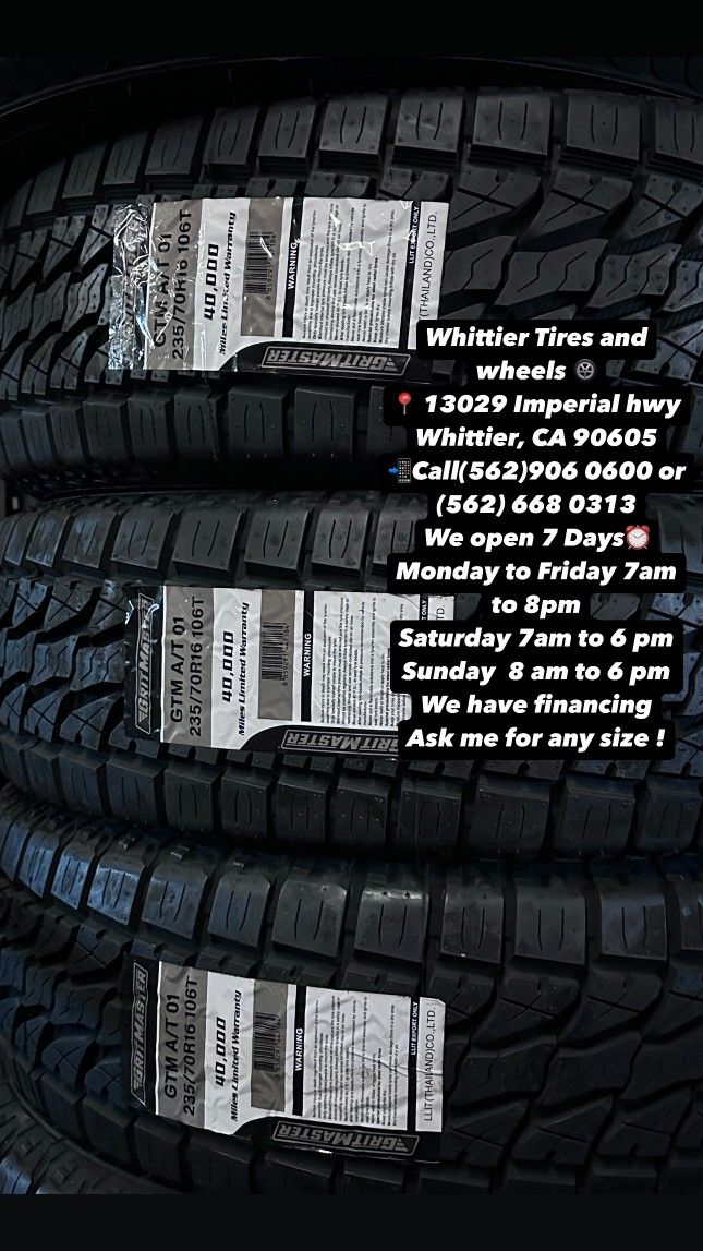SET OF NEW TIRES, 235/70R16 GRITMASTER AT 106T , INCLUDING MOUNTING AND BALANCING. ASK ME FOR ANY SIZE OR BRAND, LLANTAS NUEVAS