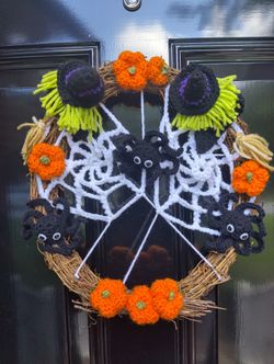 Halloween Inspired Crochet Decorated Grapevine Wreath 