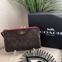 COACH Canvas coated  Signature PVC Double Zip Wallet/Wristlet