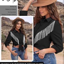Large  Womens Rhinestone Fringe Cropped Button Down Shirt Rolled 3/4 Sleeve Tie Front Top Western Cowgirl Rodeo Outfit