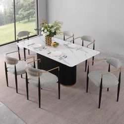 Modern 7-Piece Faux Marble Dining Table with Boucle Chairs in Dining Room Set for Kitchen - Morden Fort