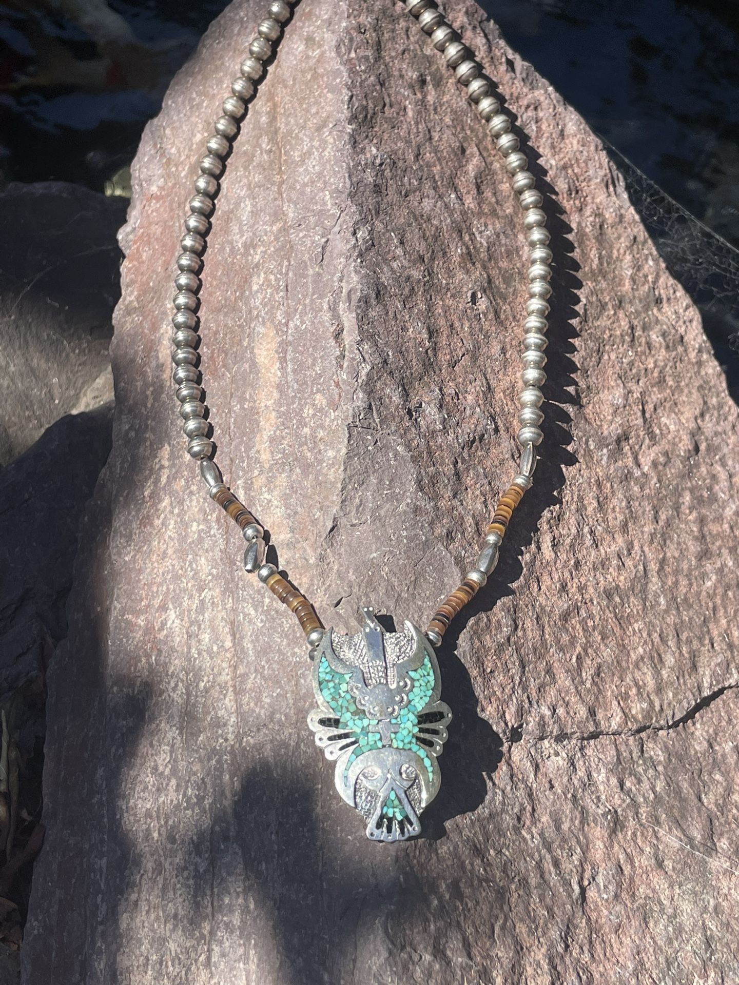 Vintage Peyote Bird Turquoise and Pen Shell Silver Necklace