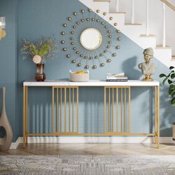 70.9 Extra Long Sofa Console Table, Faux Marble Narrow Entryway Tables with Golden Metal Frame