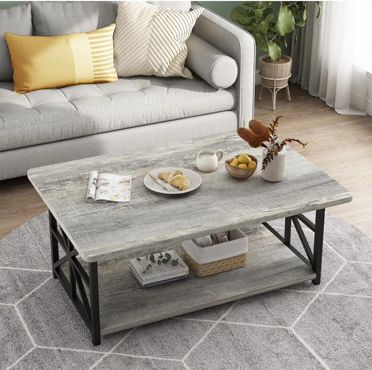 Gray Coffee Table for Living Room with Round Corners, 2 Tier Living Room Table with Storage Shelf,Rectangular Coffee Table Center Table for Small Spac