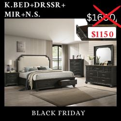 King Size Bed +Dresser+Mirror+Nightstand - Mattress Sold Separately 